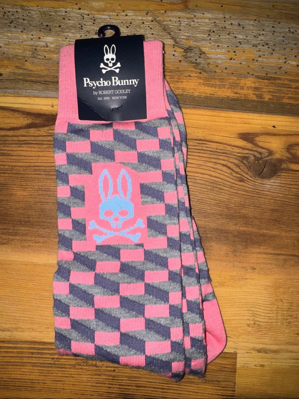 Psycho Bunny Pink and Gray Geometric Crew Socks with Blue Logo